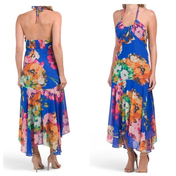 Taylor Dresses & Skirts - NWT Taylor Blue Floral Maxi Dress Open Back Halter Neckline Ruffled Hem Women 10
